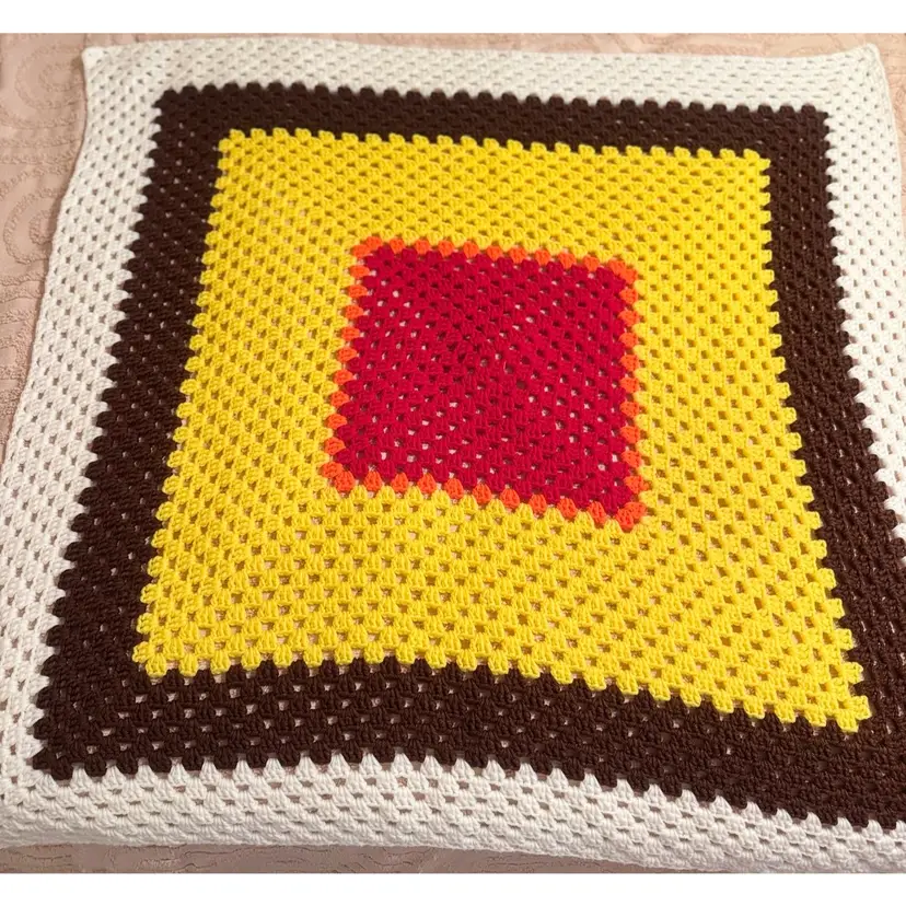 Hand Made Crocheted Afghan Throw 42”x 42” Red, Orange, Yellow, Brown, Ivory Square Pattern