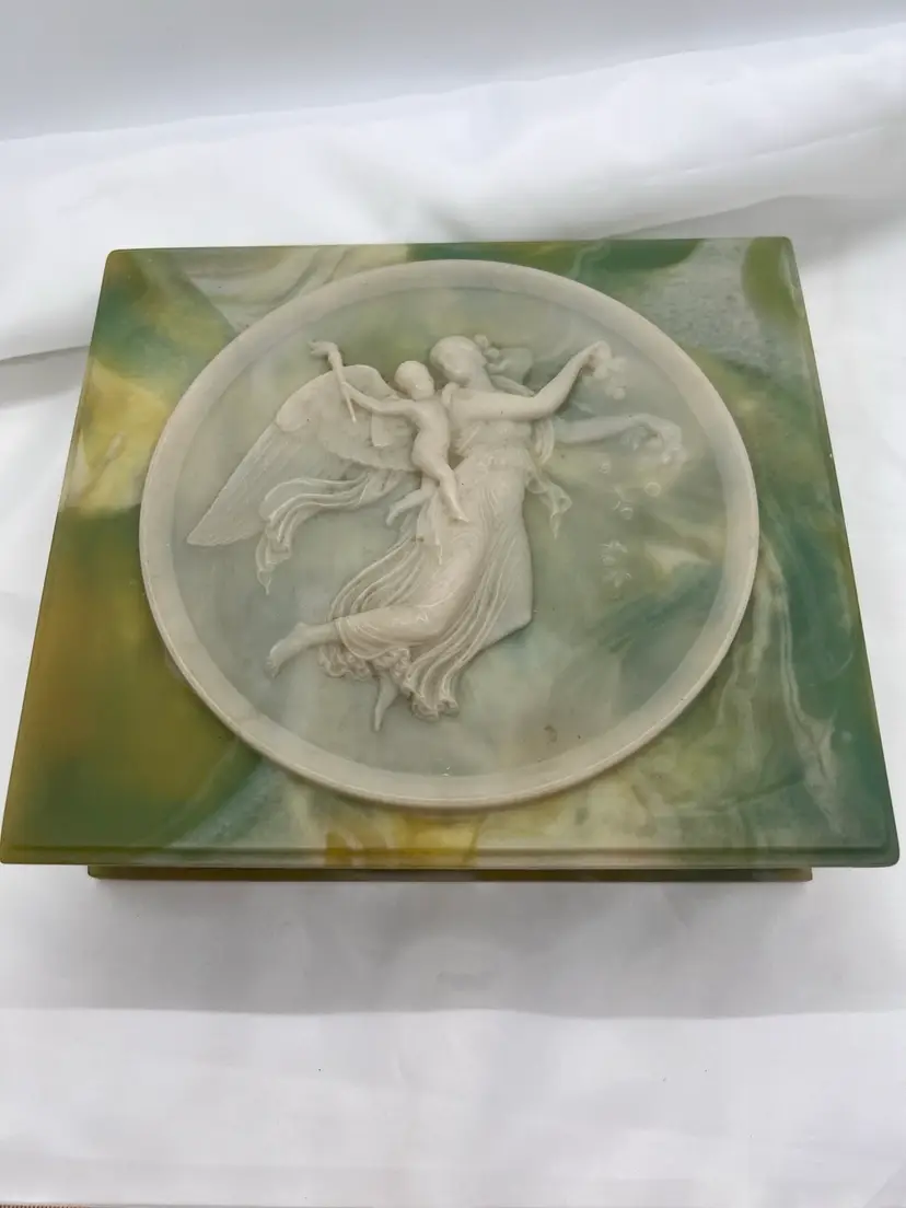 #2058B Vintage Green Incolay Stone Jewlery Box with Cherub and Angel