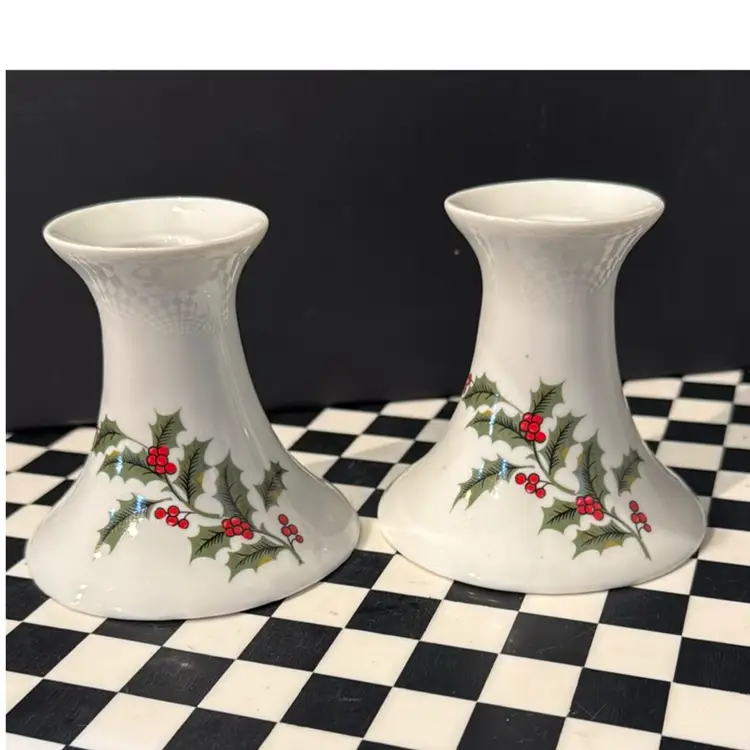 Vintage Christmas Holly Berry Candle Holder Set