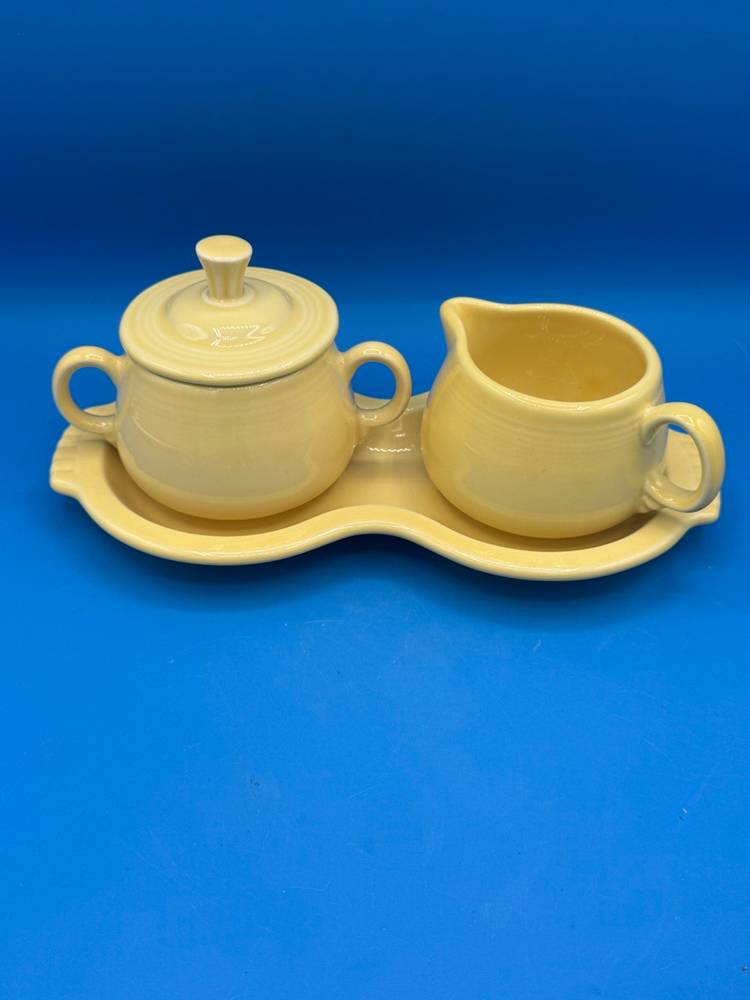 Vintage Fiesta Ware Cream & Sugar / Lid And Tray Yellow - EUC