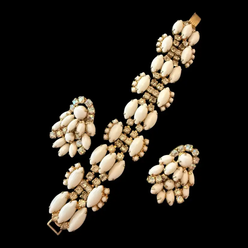 Milk Glass AB Rhinestone Bracelet 7” And Clip On Earrings Set
