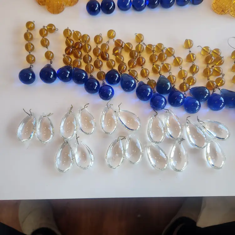 Vintage Lamp Parts 72 pc Blue Amber Glass Chandelier Bead Strands Flower Bell Smooth Crystal Teardrop