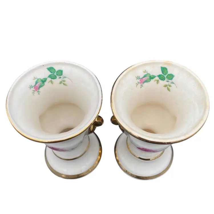 Pair of Vintage Porcelain Urn-style Vase w/double scroll handles, Roses & Gold