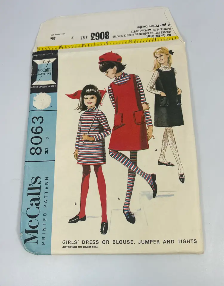 Vintage McCalls Sewing Pattern 8063 Size 7 Girls Dress or Blouse, Jumper and Tights 1965