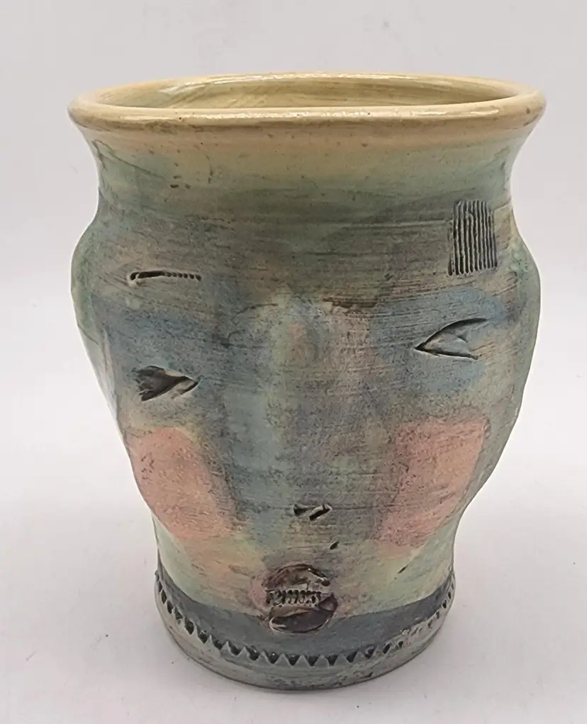 Handmade Marked ASJ07 Wheel Thrown Pastel Face Stoneware Primitive Vase