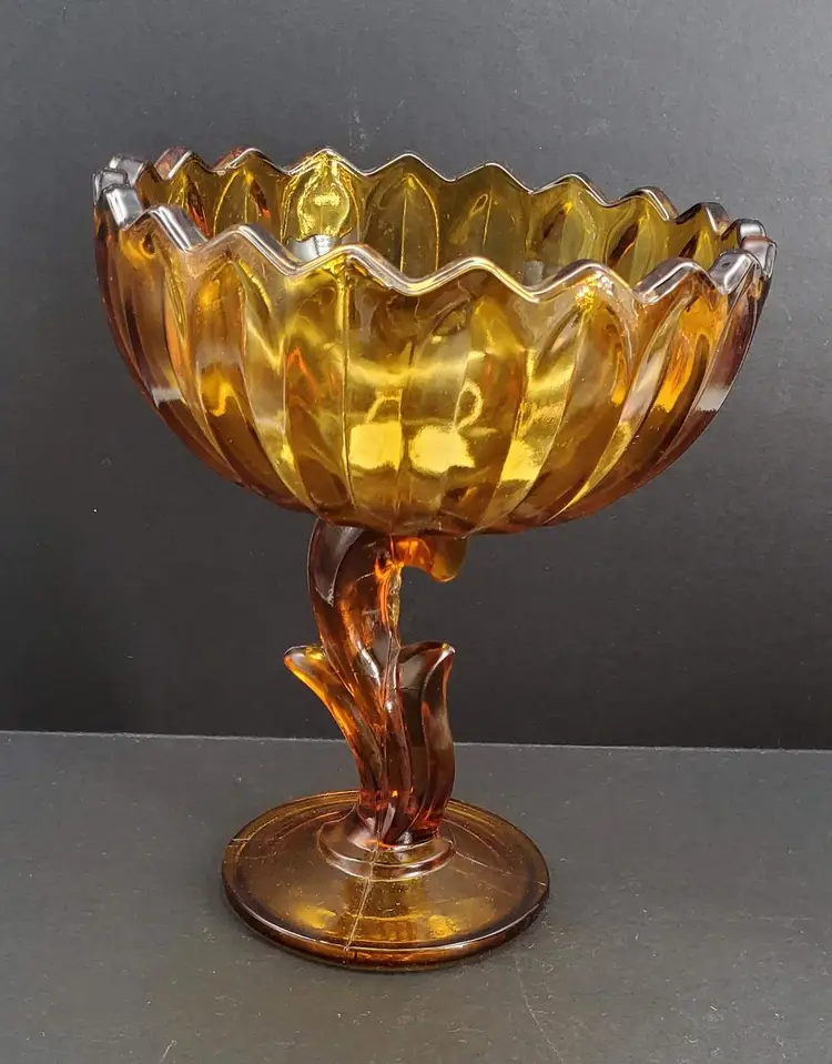 Vintage Indiana Glass Lotus Blossom Amber Pedestal Compote Candy Dish
