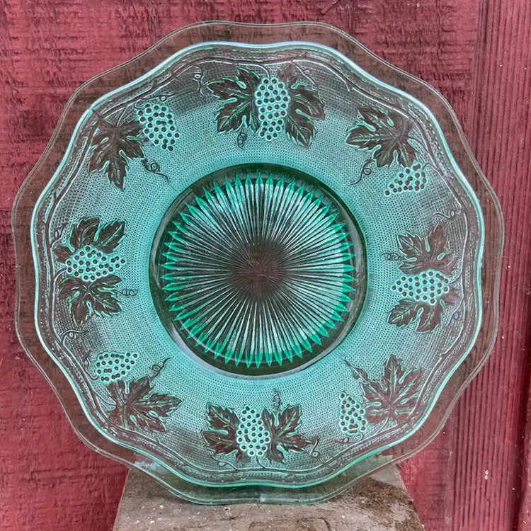 Set Of Four, Uranium Glass Plates, Woolworth By Westmoreland. Grapes And Leaves Motif. 8.5”w.