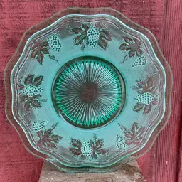 Set Of Four, Uranium Glass Plates, Woolworth By Westmoreland. Grapes And Leaves Motif. 8.5”w.