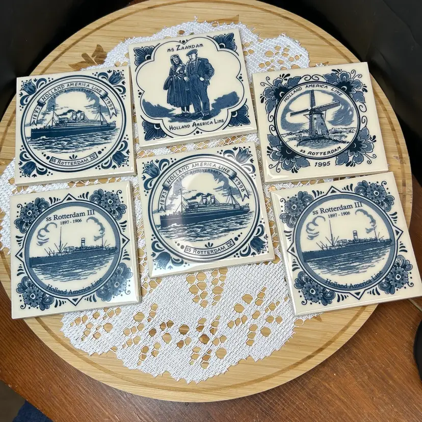 Vintage Holland America Line Delft Blue Tile Coasters Set Of 6