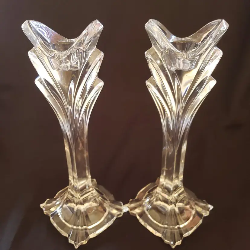 Glass CANDLESTICK HOLDERS TULIP FLARED Tops set of 2 Crystal Lead 9½" tall READ