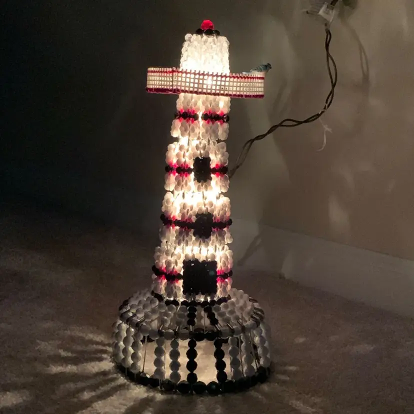 VTG. Safety Pin And Bead Hand Crafted Lighthouse Lamp. Unique