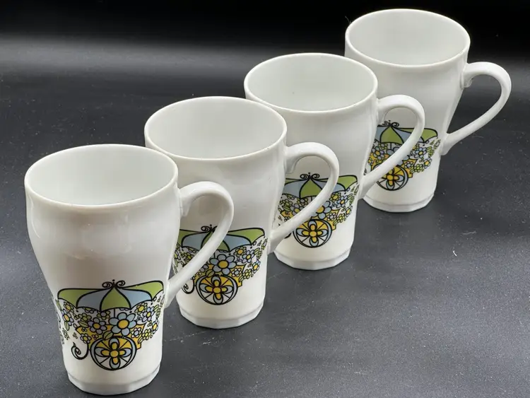 Vintage Tall Mugs Umbrella Flower Cart Design Made in Japan Set of 4