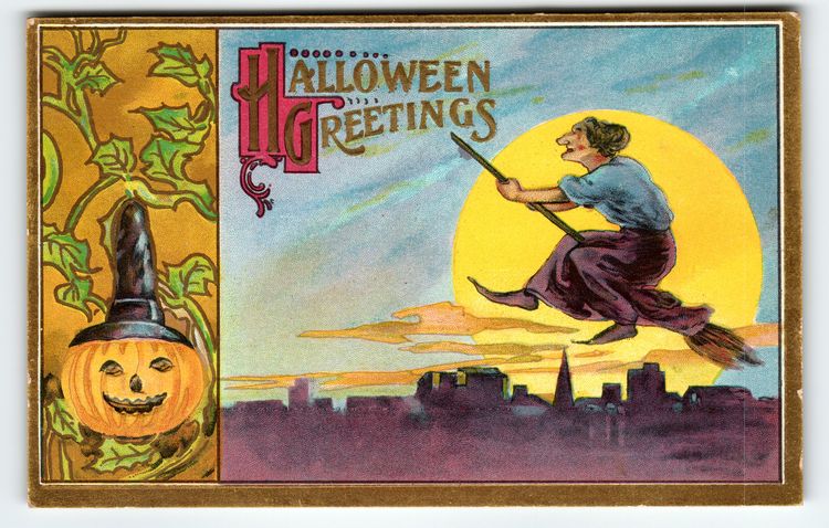 Vintage Halloween Greetings Witch Flying Over City Florence Bamberger Postcard
