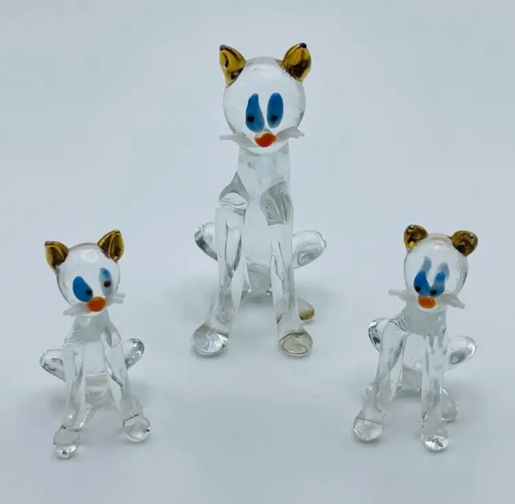 Set of 3, Handmade, Clear Glass, Miniature Cats/Kitties/Kittens! Adorable!🐈
