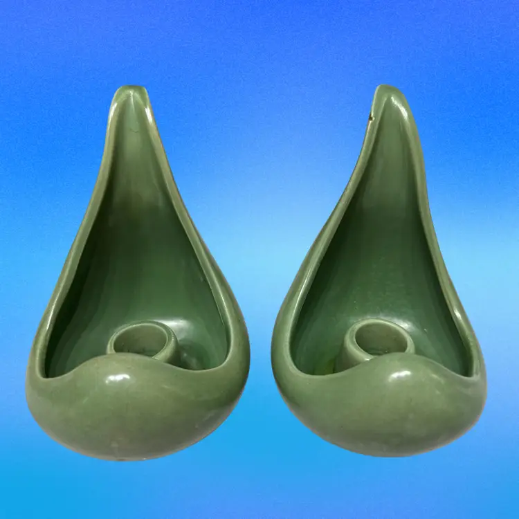 Set Of 2 Red Wing Art Pottery Green Tear Drop Candle Holders MCM