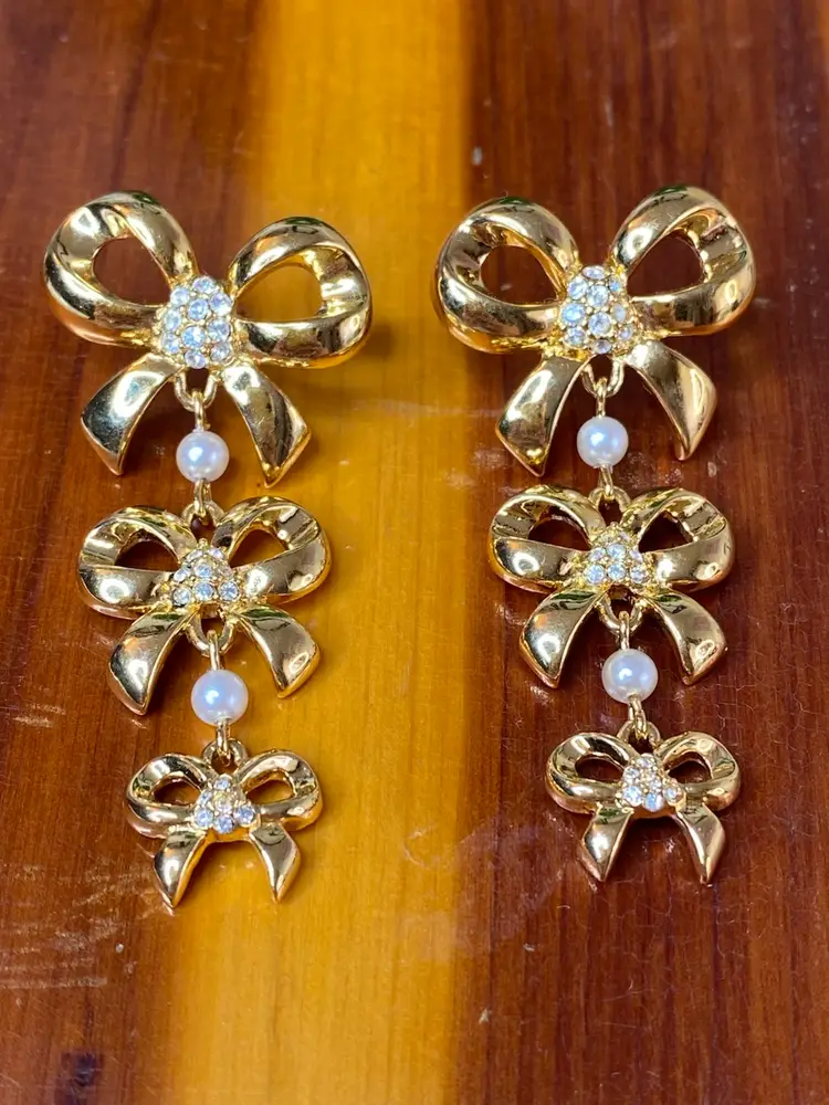 Vintage Whiting and Davis Gold Tone Faux Pearl Rhinestone Bow Dangle Earrings