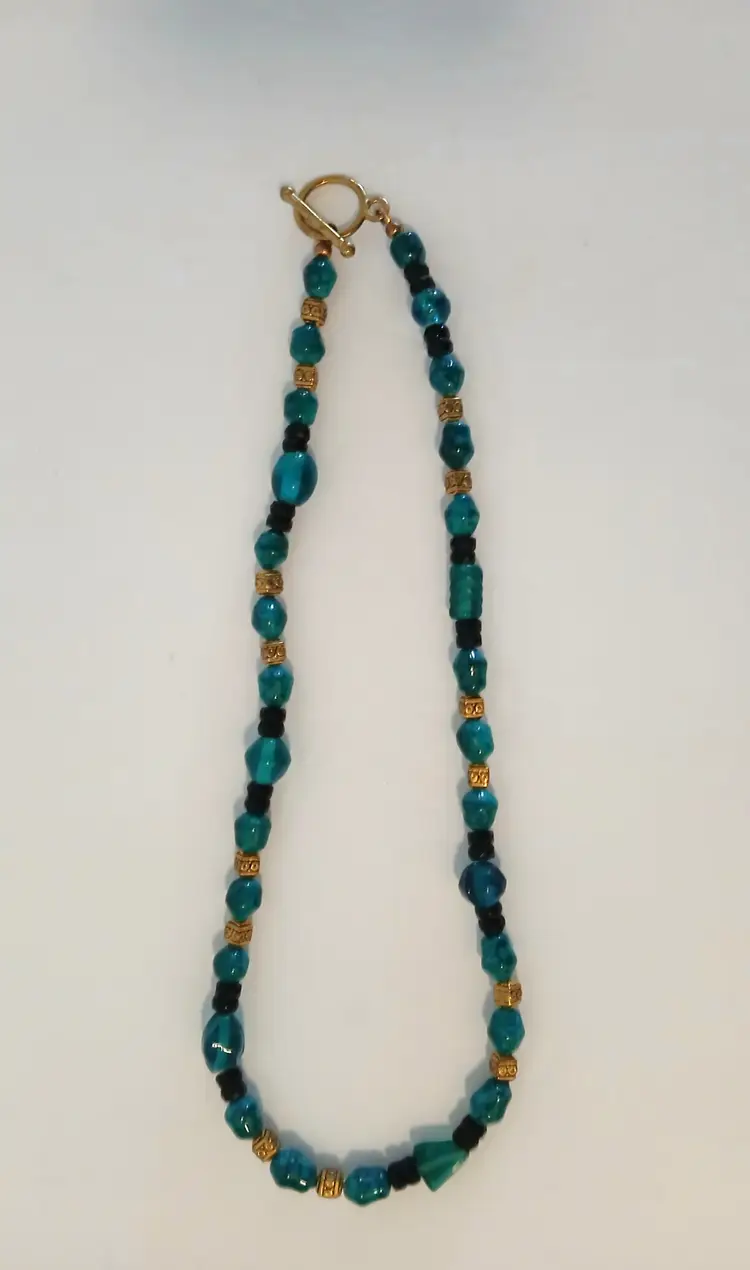 Teal & Black Lampwork & Glass Beaded 19" Handmade Necklace