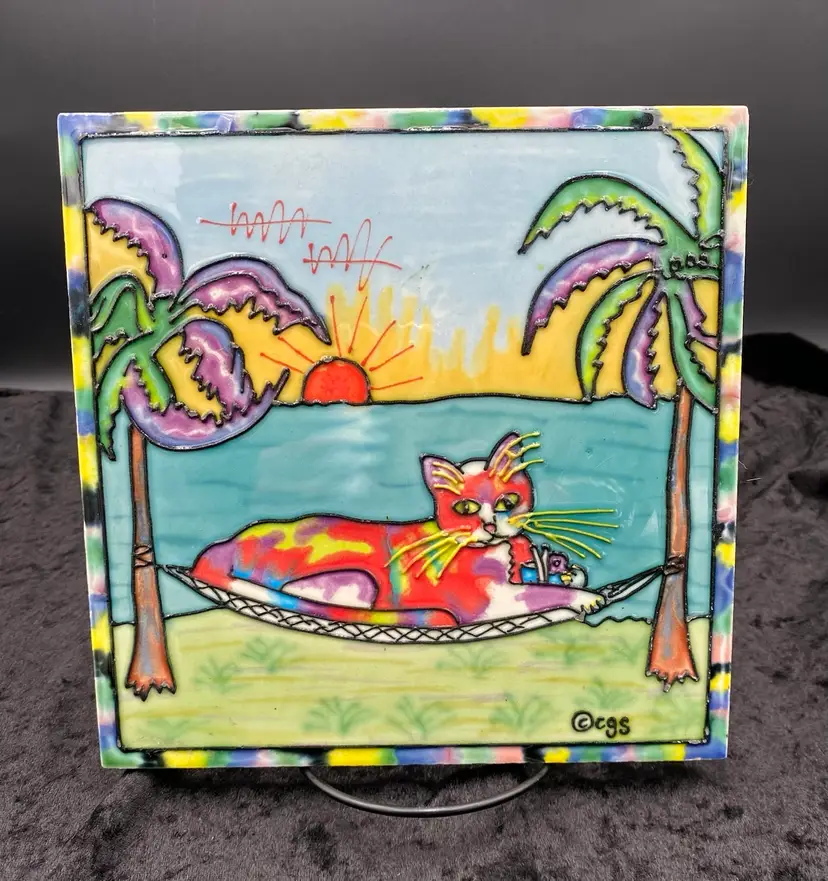 Claudia Sanchez (CGS) Hand-Painted 3D Art Tile, 8"x8", Cat in Hammock, Cork Back
