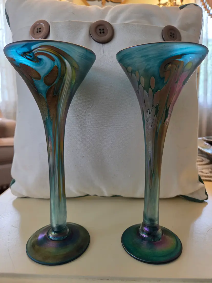Pair of Pulled Feather Iridescent Fluted Vases