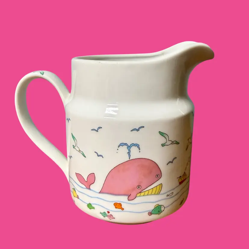 Vintage Takakashi Whimsical Small Ceramic Porcelain Pitcher, Whale Ocean JAPAN