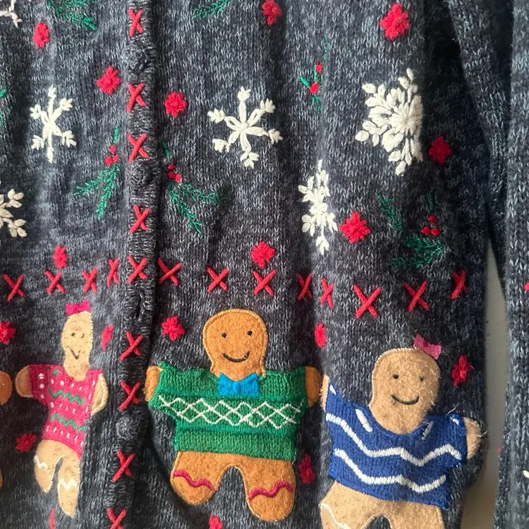 Vintage Knit Gingerbread Men Button Up Sweater Size S