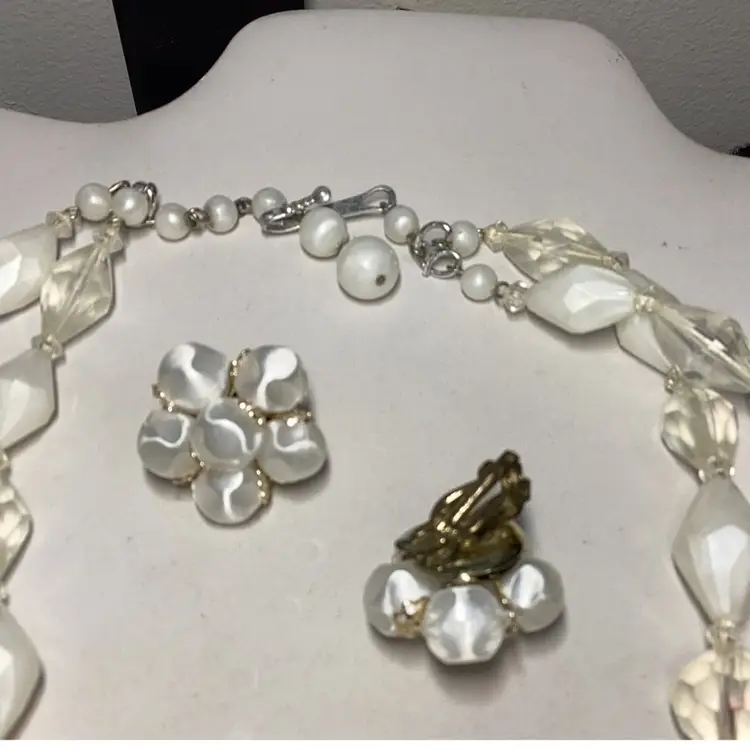 White Double Necklace Plastic Beads Germany & White Earrings Signed Japan 
Married Set