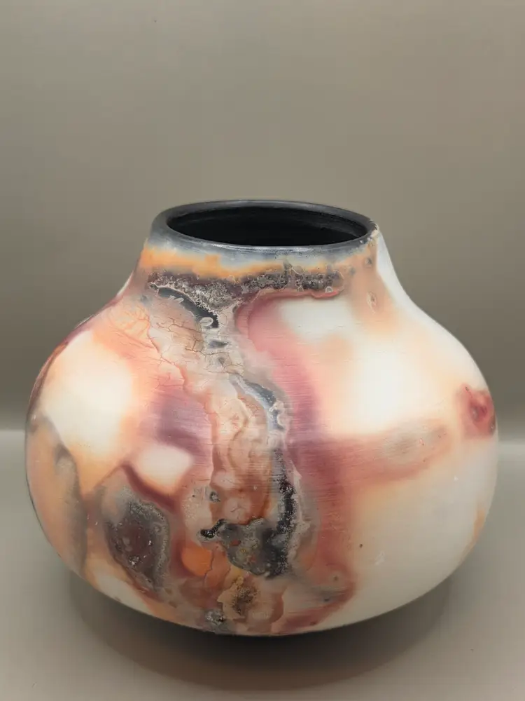 Vintage Saggar Fired Raku Vase Studio Piece Signed Burnished Boho Rustic OOAK