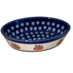 #01 - Boselawiec Polish Pottery Peacock Pumpkin Au Gratin Server /Baker Oval Bowl 6”