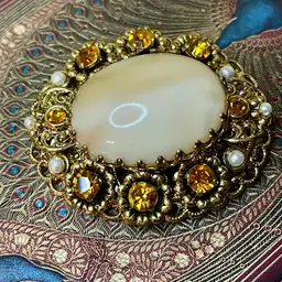 Vintage Gold Tone and Faux Stone Statement Cabochon Brooch West Germany