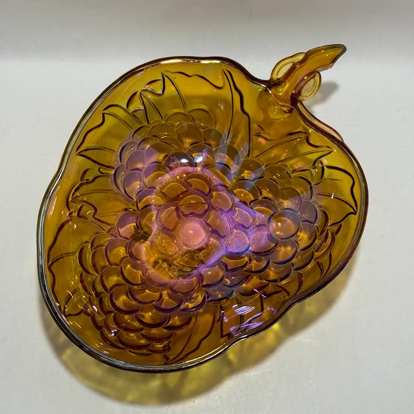 Vintage Indiana Glass Fruit Bowl Amber Iridescent Carnival Glass Harvest Grape Pattern 3.25” Tall