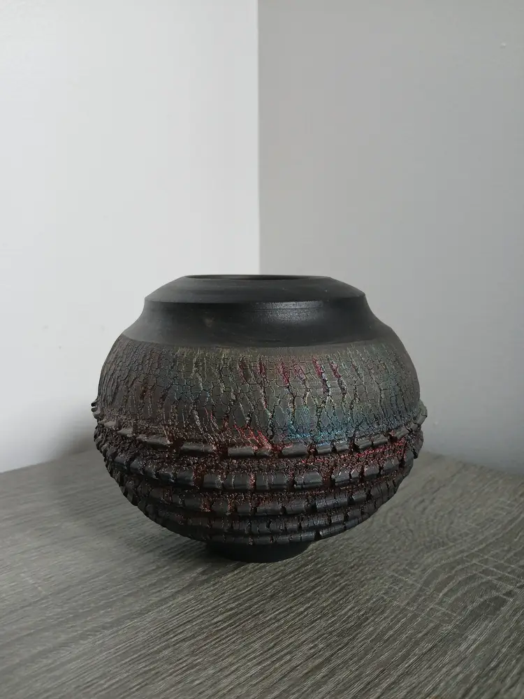 Vintage Studio Art Pottery Bulbous Metallic Raku Vase Signed