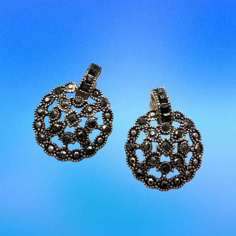 Silver Tone Marcacite Filigree Mandala Dangle Earrings, Pierced