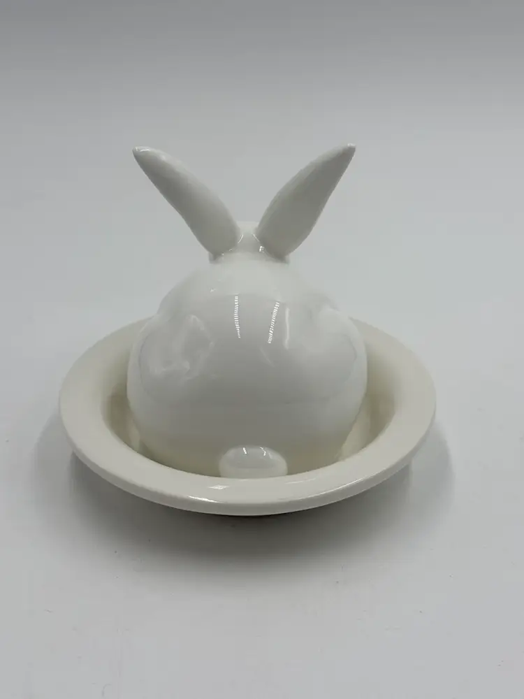 Vintage Bone China Made In Taiwan Round White Bunny Rabbit On Nest Dish