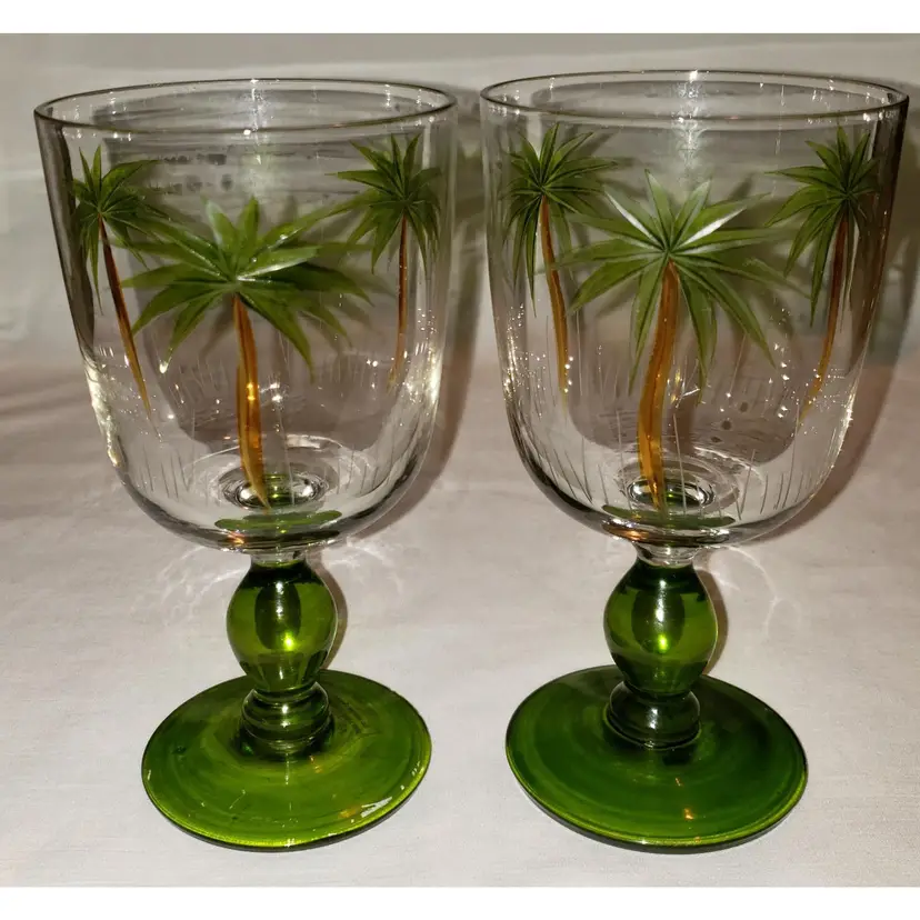 Vintage Gates Ware Palm Tree Glasses Goblets Wine Laurie Gates Etched Hand Painted Green Stem Tiki