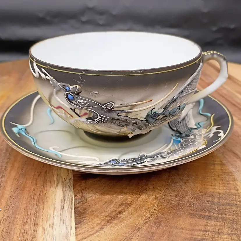 Vintage 1930s  Moriage Black Dragonware Lithophane Geisha Tea Cup & Saucer Japan by Ritz