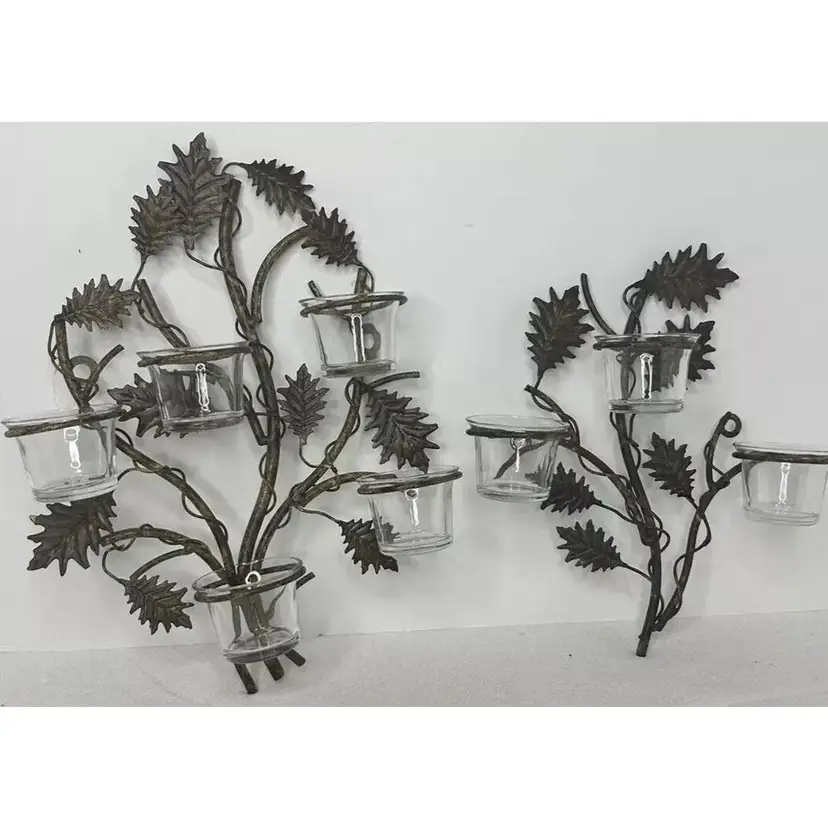 Vintage Pair Maple Leaf Antique Bronze Finish Wall Sconces Glass & Votive Cups