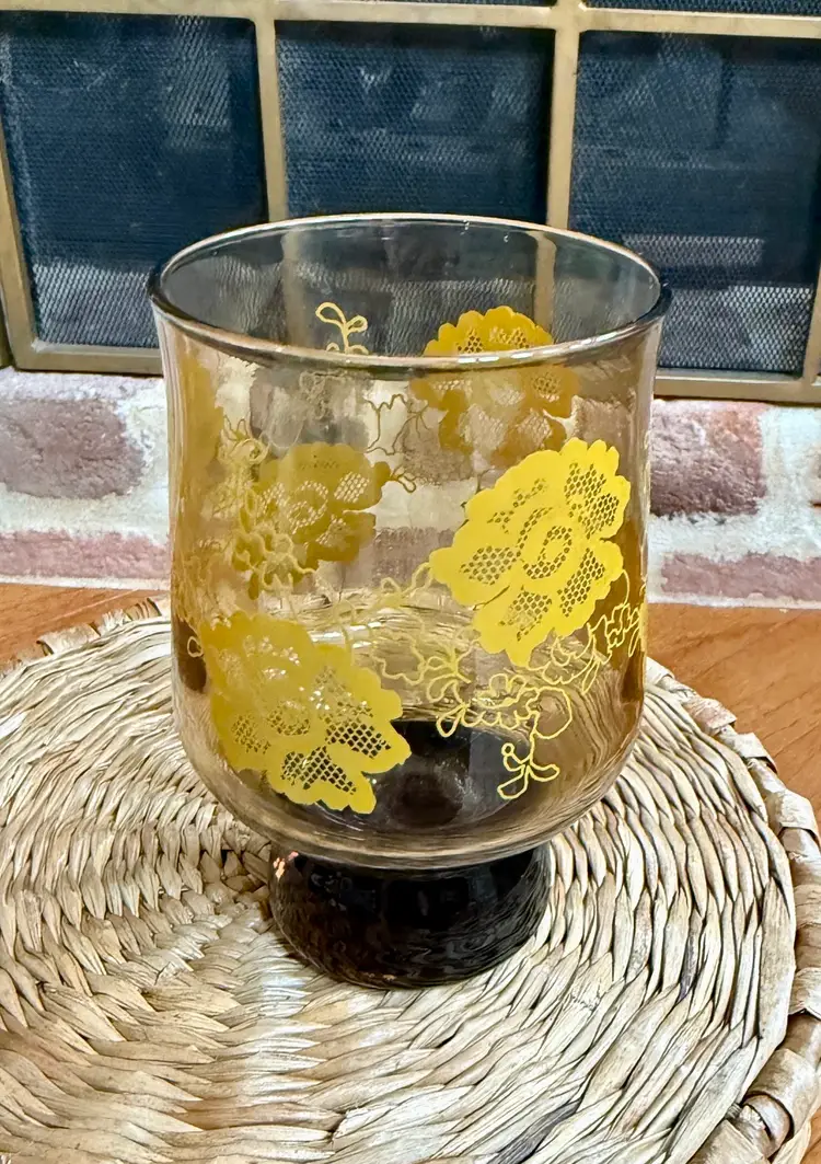 Vintage Yellow Floral Pedestal Glasses, Set of 6 – Mid-Century Smoky Brown Retro Drinkware