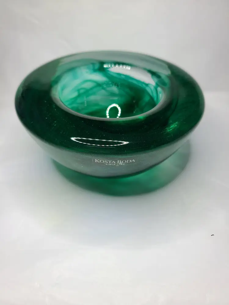 Vintage '90s Kosta Boda Atoll Emerald Green Swirl Votive Candle Holder Art Glass