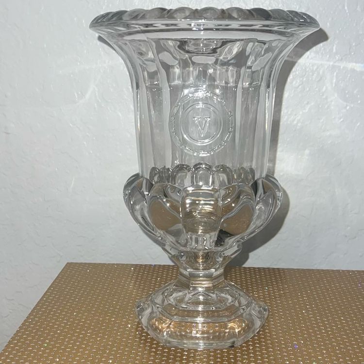 Vintage Clear Imperial Glass Vase Urn Heavy w "V" Emblem Etched 9" H X 6"D
