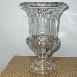 #01 Vintage Clear Imperial Glass Vase Urn Heavy w "V" Emblem Etched 9" H X 6"D