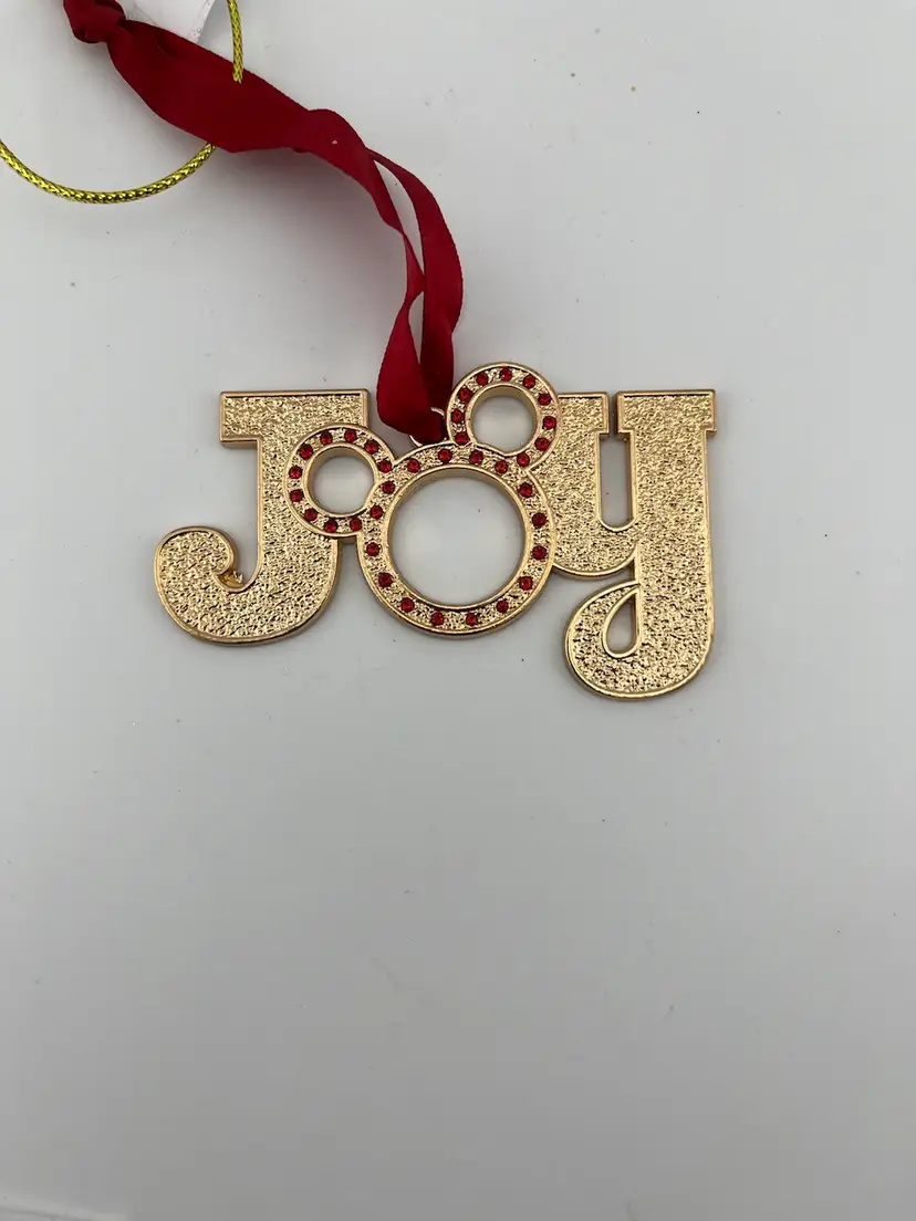 2018 Disney Movie Club Christmas Mickey Mouse Gold Tone & Red Rhinestones "JOY" Ornament