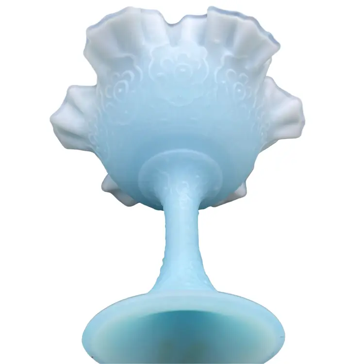Vintage Fenton Blue Satin Glass Persian Medallion Compote