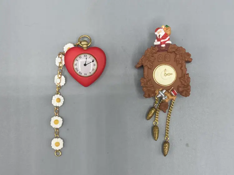 Vintage Miniature Hallmark Keepsake Ornaments - 2000 The Tin Mand's Heart Clock and 1999 Santa Time Clock