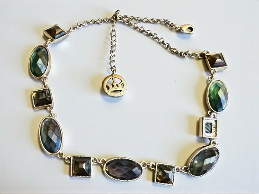 Contemporary Trifari Green- Purple & Brass Tone Necklace 17β