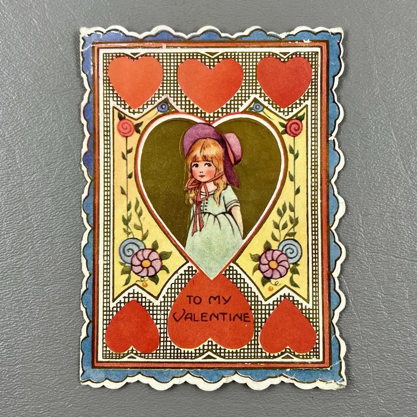 Antique Whitney Made Valentine Greeting Card Little Girl Scalloped Edges 4.5"