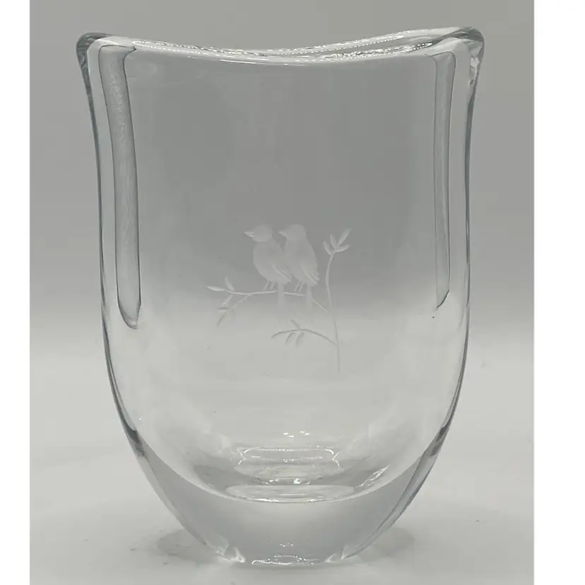 Orrefors 4 3/4β Tall Etched Crystal Vase with Love Birds On A Branch, Signed By Artist, Made In Sweden