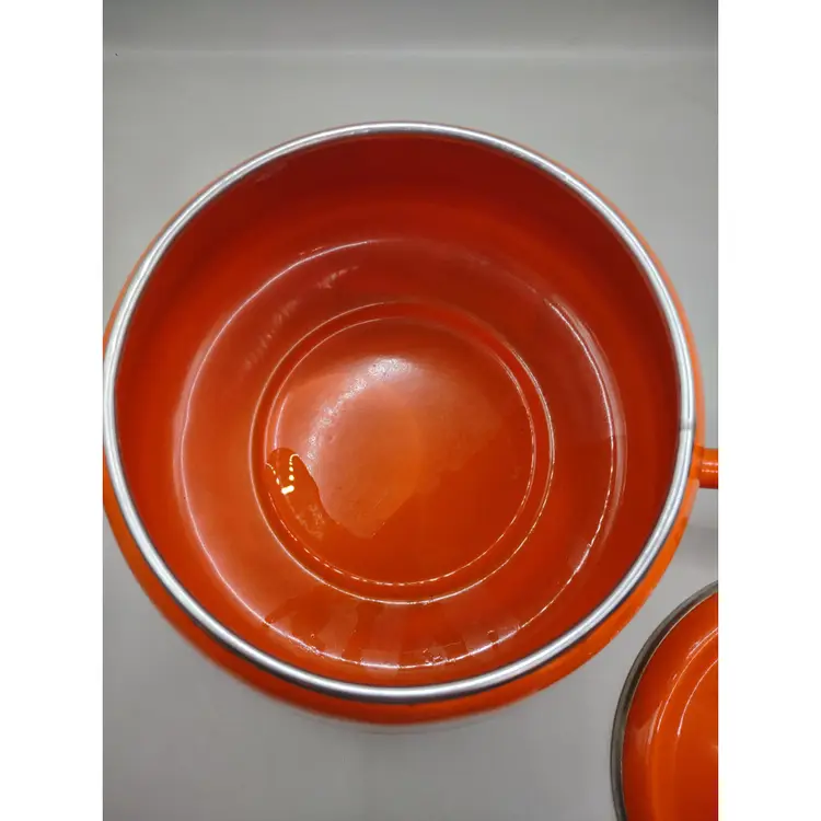 Vintage Orange Enameled Pot With Lid And Under Plate