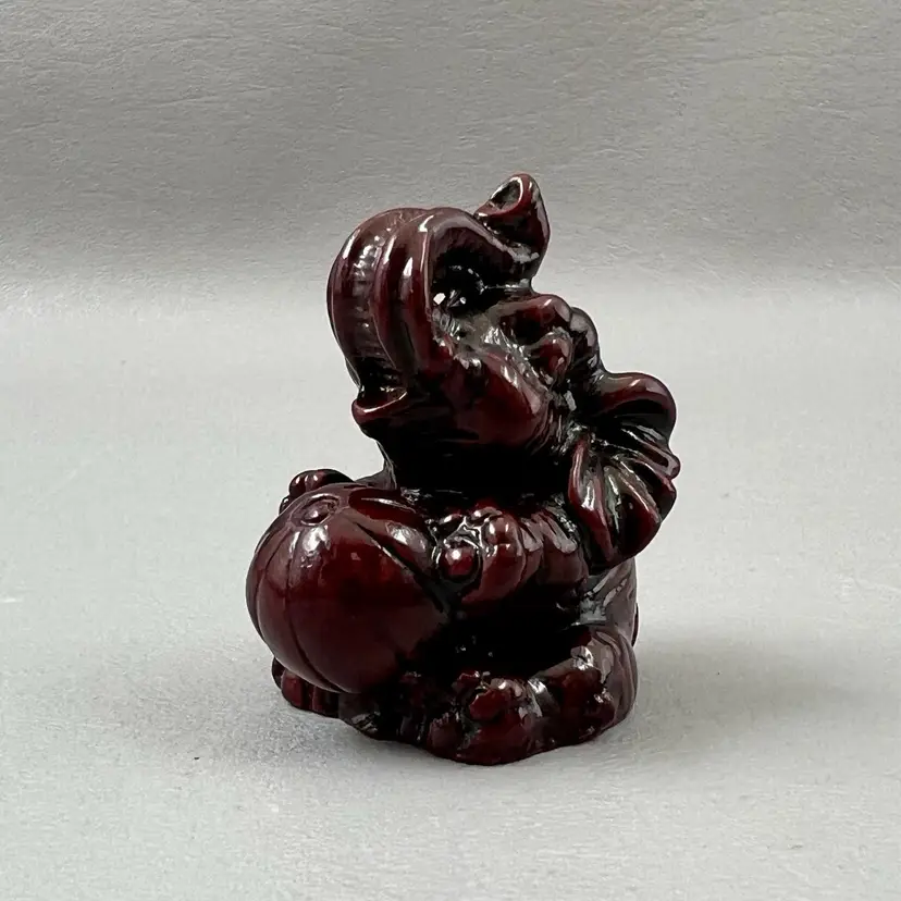 Vintage Chinese Red Resin Elephant With Ball Trunk Up 2" Figurine Good Luck