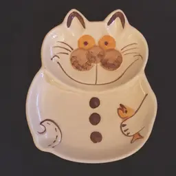 Cat with Goldfish Dish Ceramic Gold Tan Orange 6.5" X 7.75" x 1" Signed Vintage