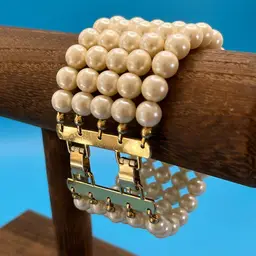 Vintage Double Clasp 5 Strand Faux Pearl Bracelet 7” Long